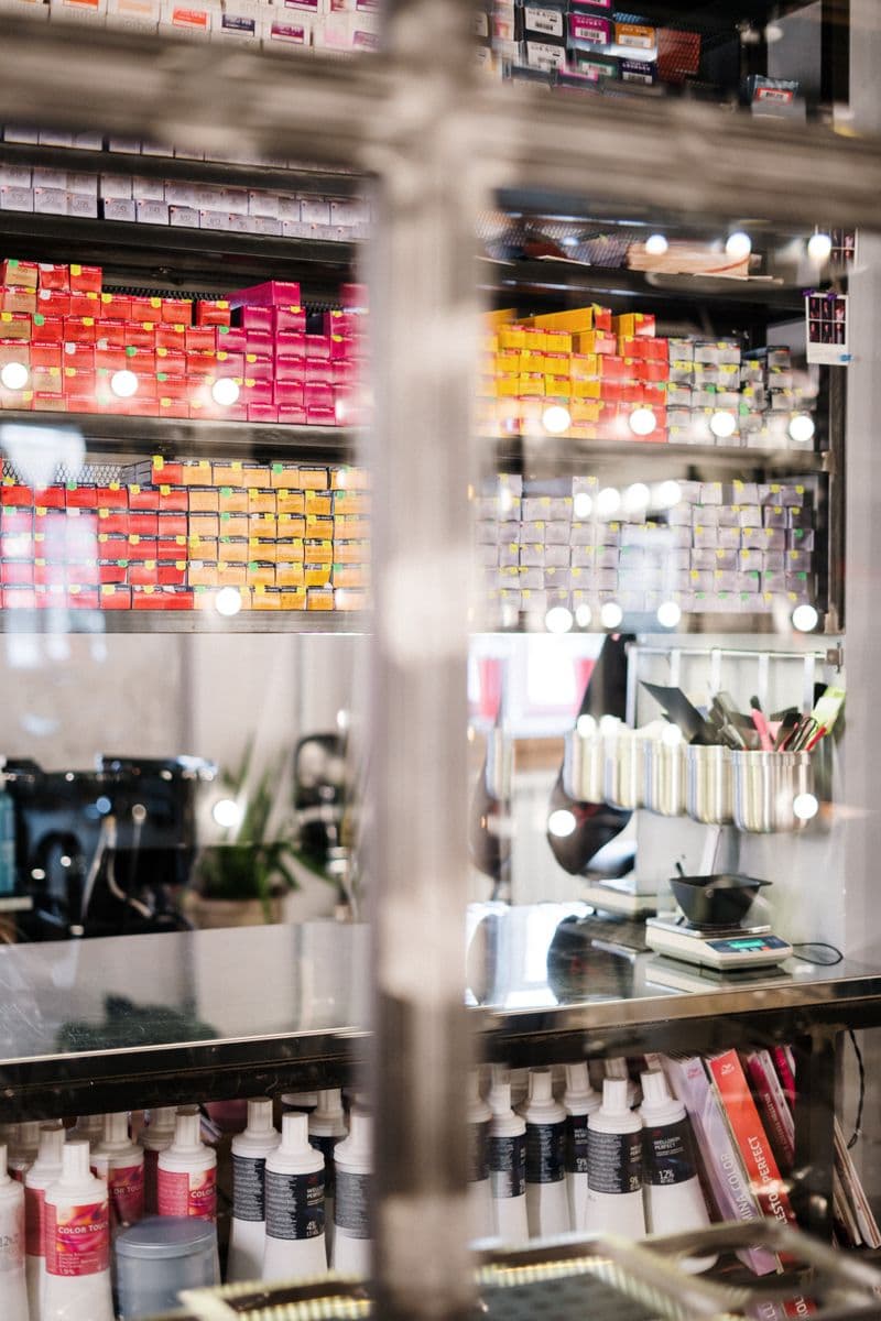 Colourful shelves of professional hair colour